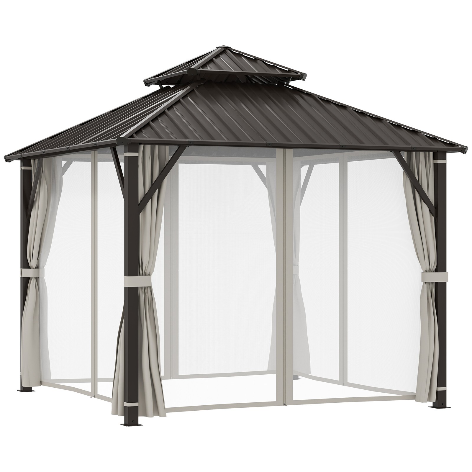 Outsunny 3 x 3(m) Hardtop Gazebo with Metal Roof, Netting and Curtains