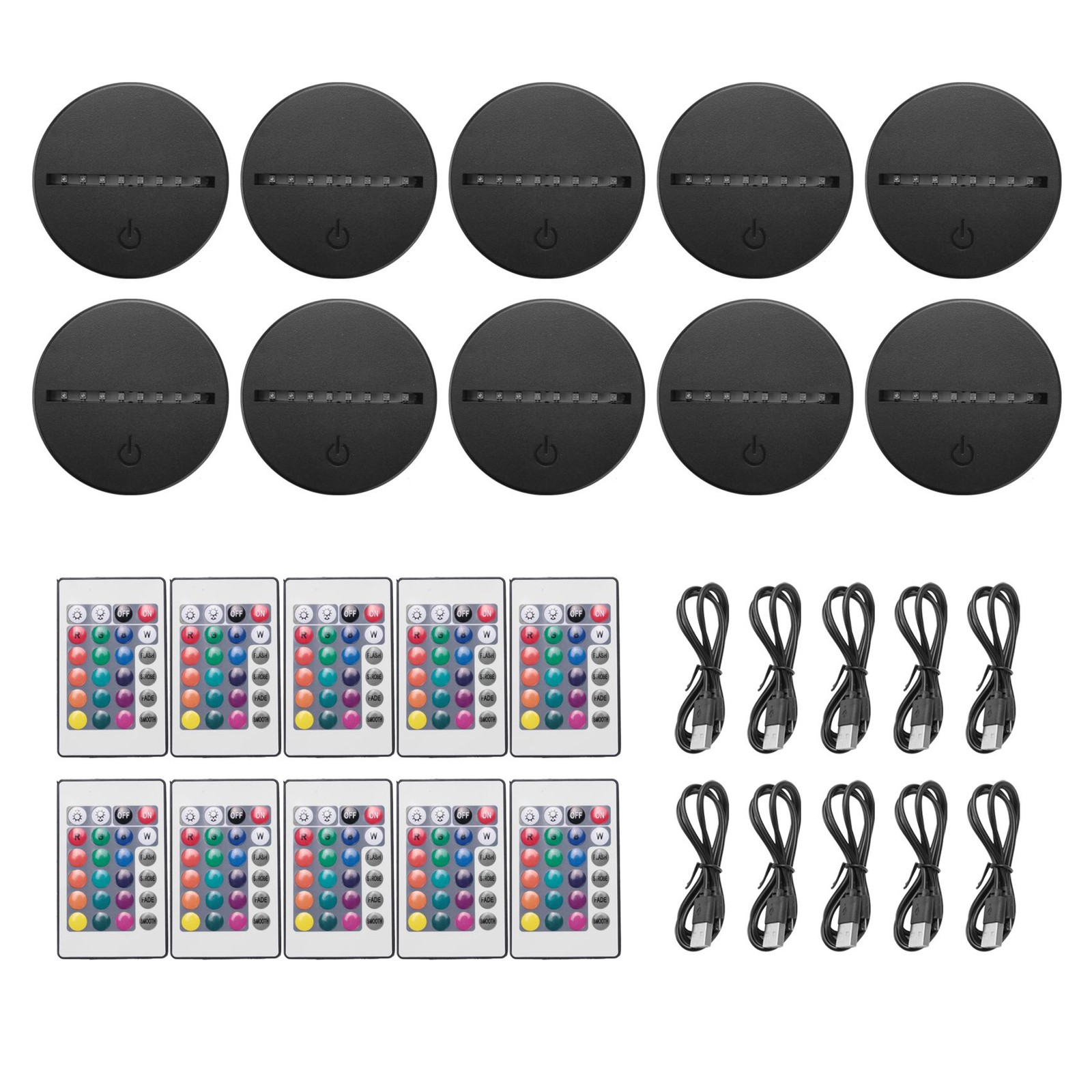 10 Pack 3D Night LED Light Lamp Base + Remote Control + USB Cable, 169947