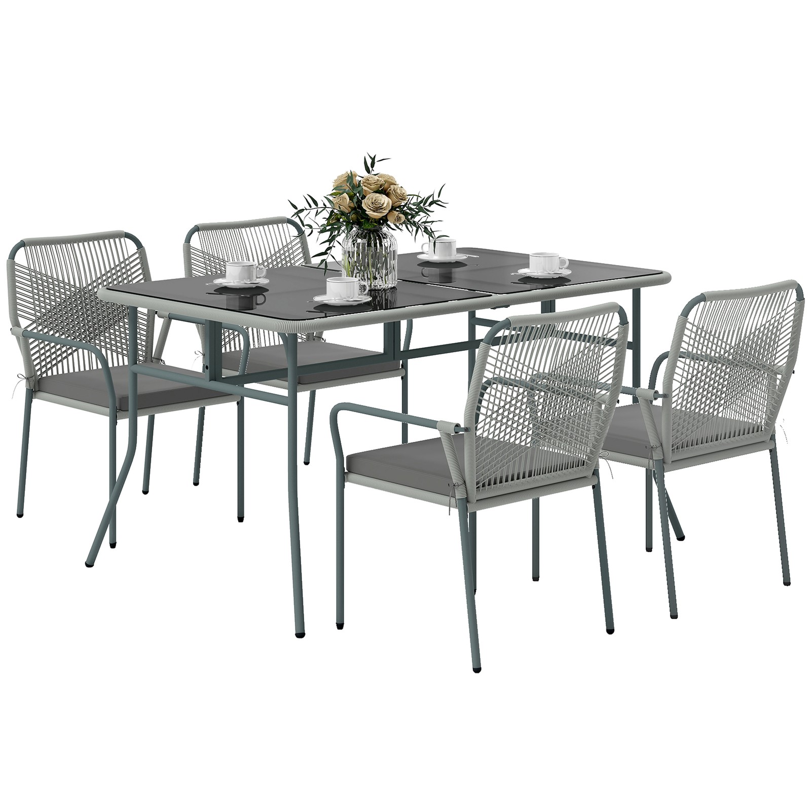 Outsunny 5 Piece PE Rattan Garden Dining Set with Cushions, Light Grey