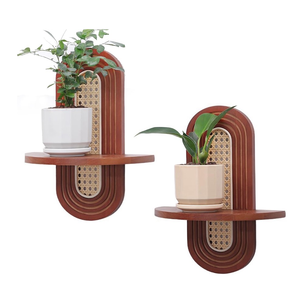 Wall Rattan Shelf Set of 2,Boho Rustic Wood Floating Shelves Wall Mounted,9979