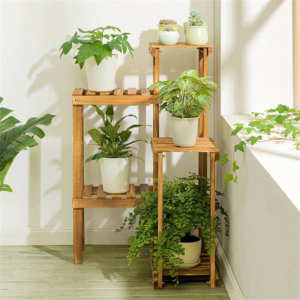 6-Tier Wall Corner Pine Wooden Plant Stands Flower Ladder Pot Holder Home Decor