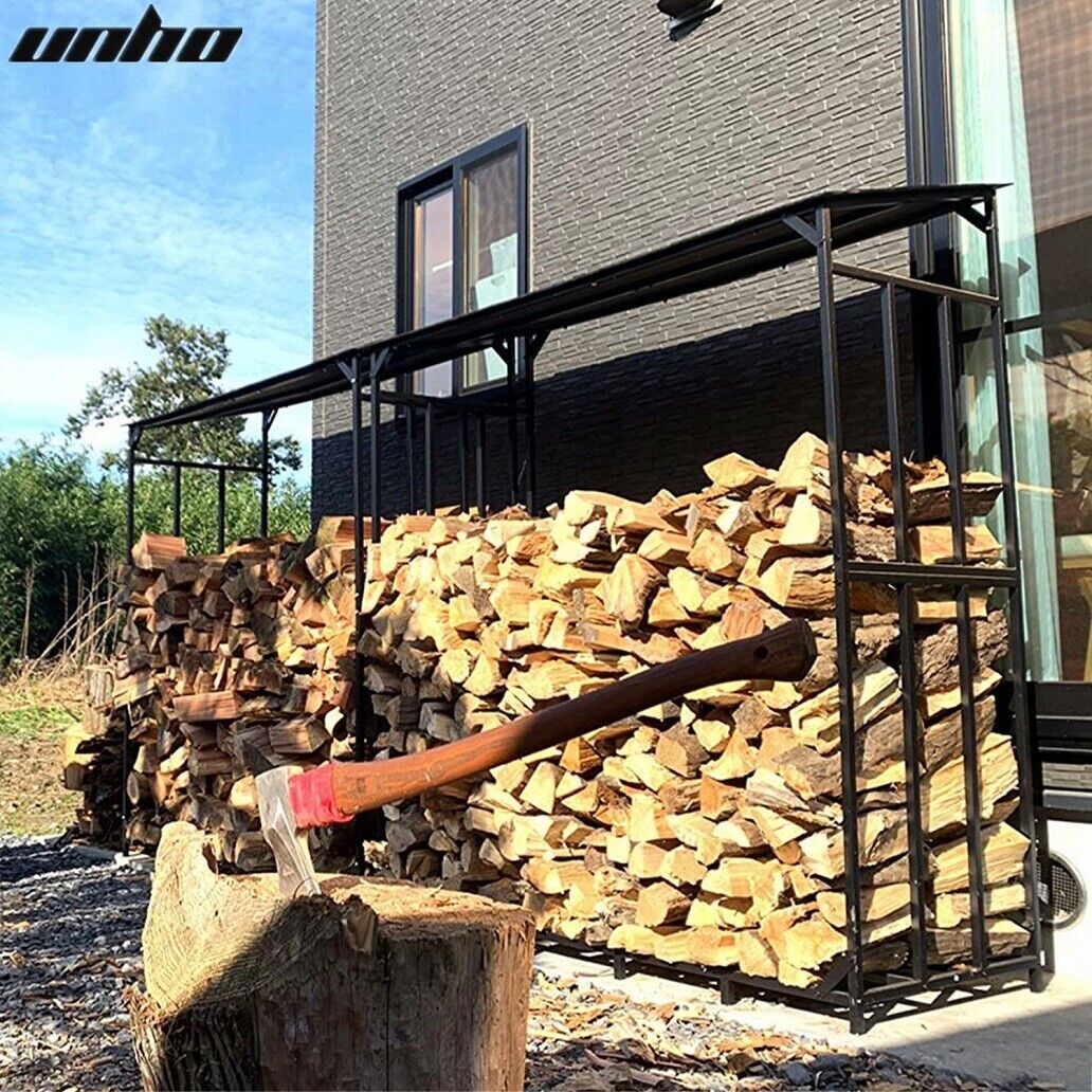 XXL Strong Metal Firewood Log Rack Wood Storage Holder w/ Side Rails Shade Roof