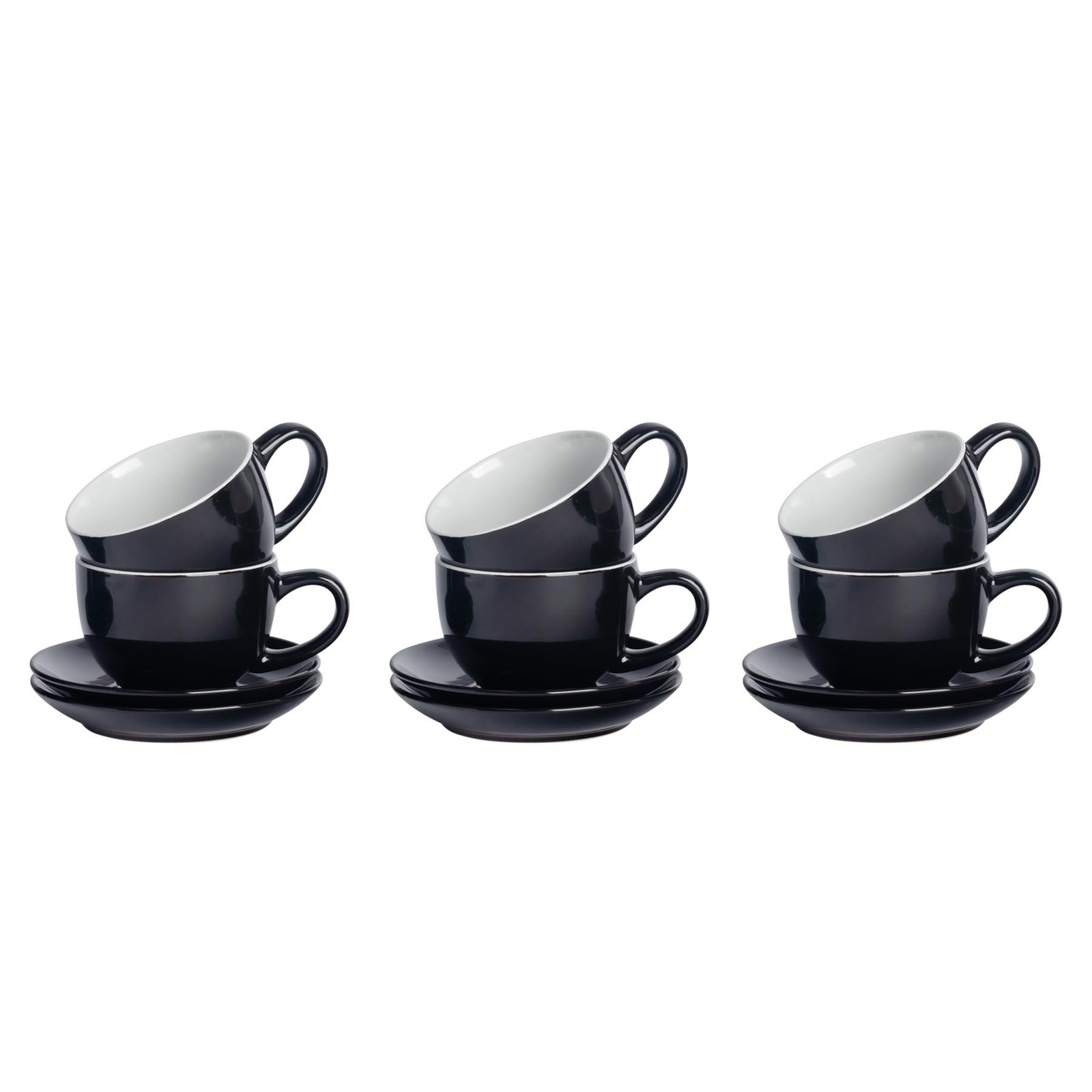 12 Piece Coloured Cappuccino Cup & Saucer Set Tea & Coffee Cups 250ml Black