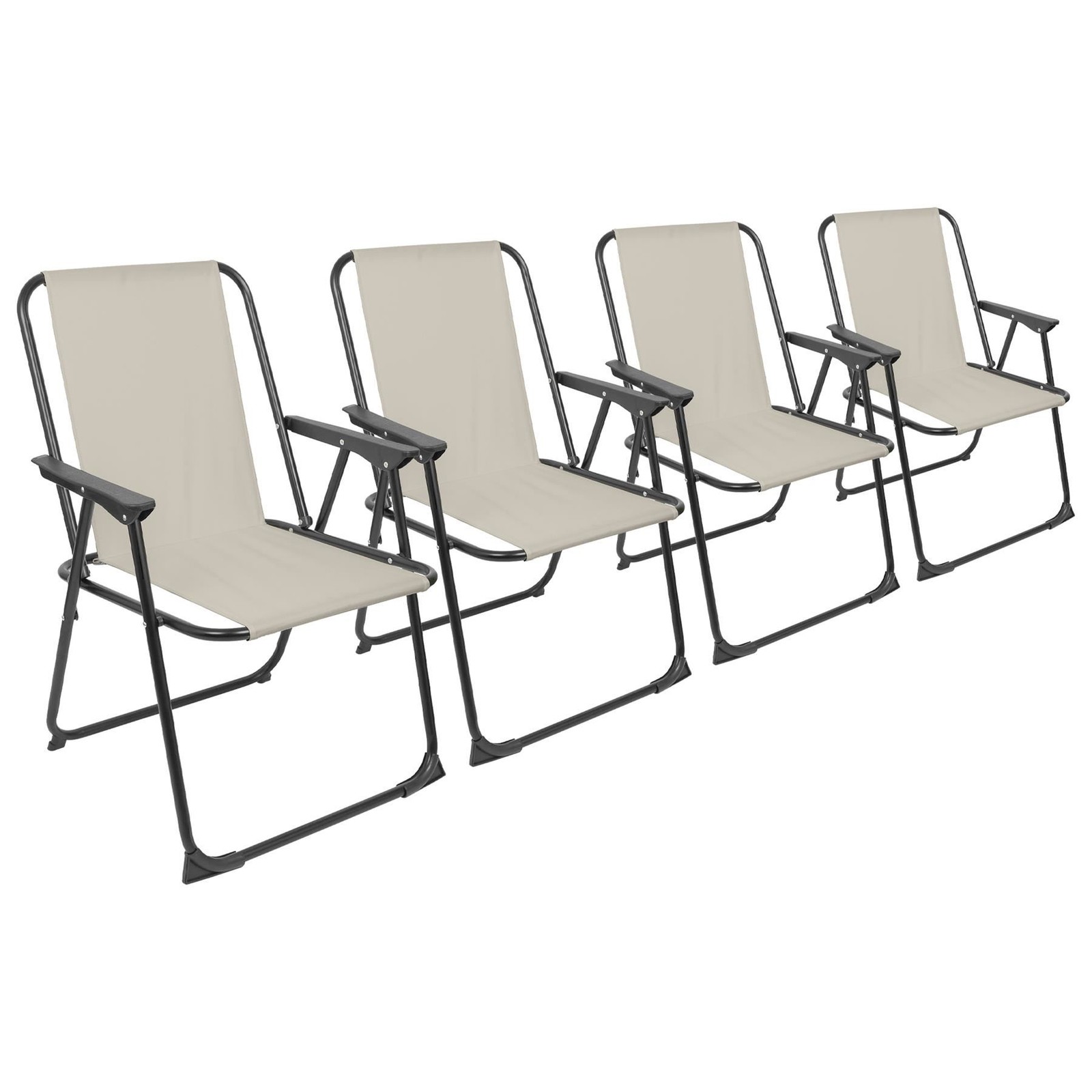 4x Matt Black/Beige Folding Metal Beach Chairs Portable Outdoor Camping Fishing