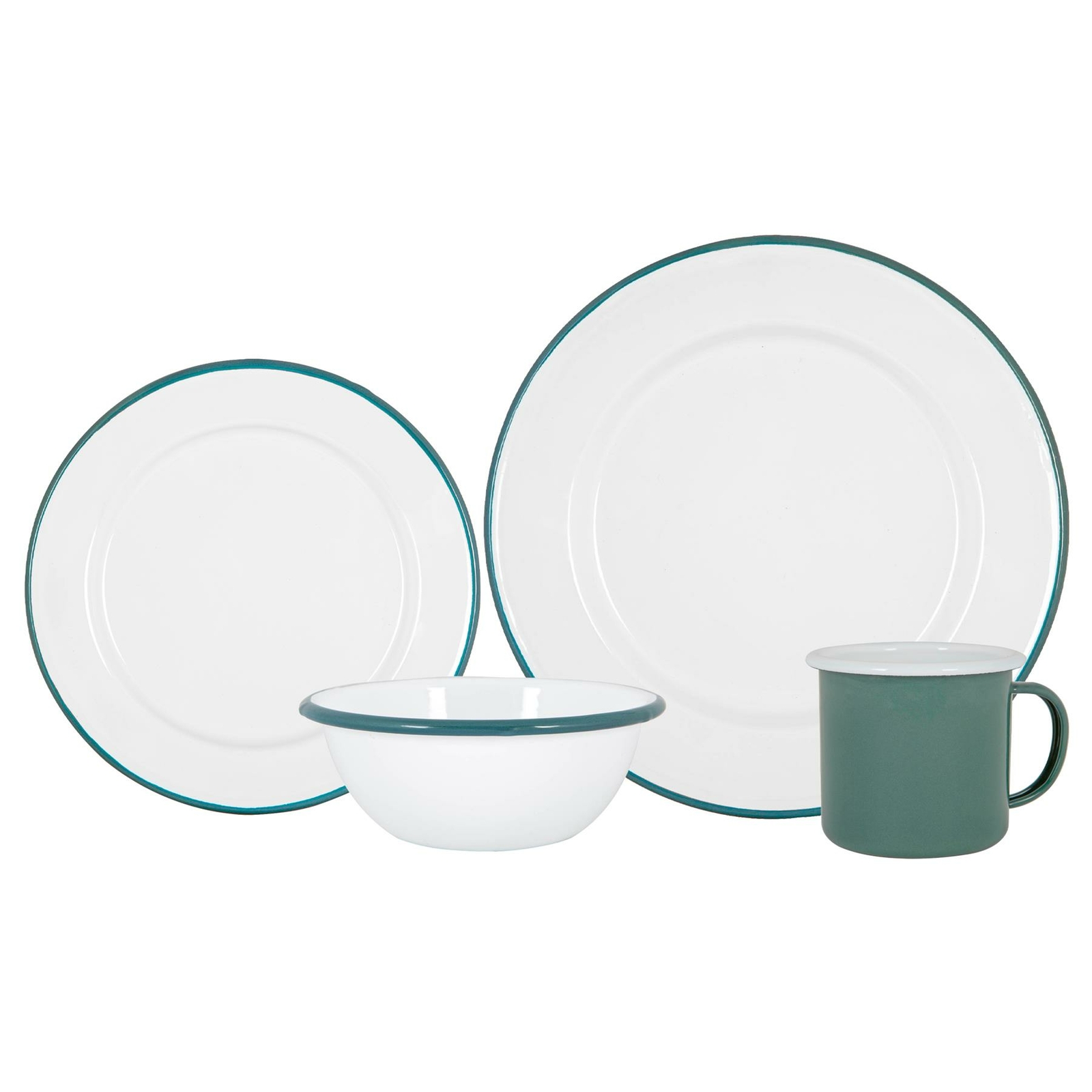 16 Piece White Enamel Dinner Set Metal Camping Plates Bowls Mugs for 4 Green