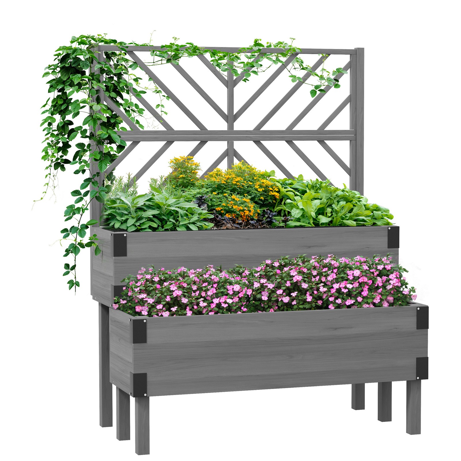 Outsunny 2-Tier Wooden Raised Bed with Trellis, Elevated Garden Planter