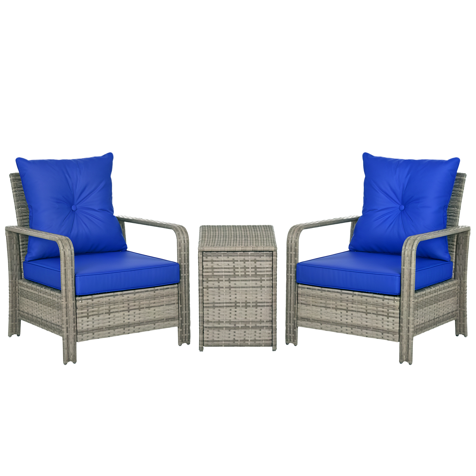 Outsunny 3 PCs PE Rattan Garden Sofa Set w/ 2 Chairs & Storage Table Blue