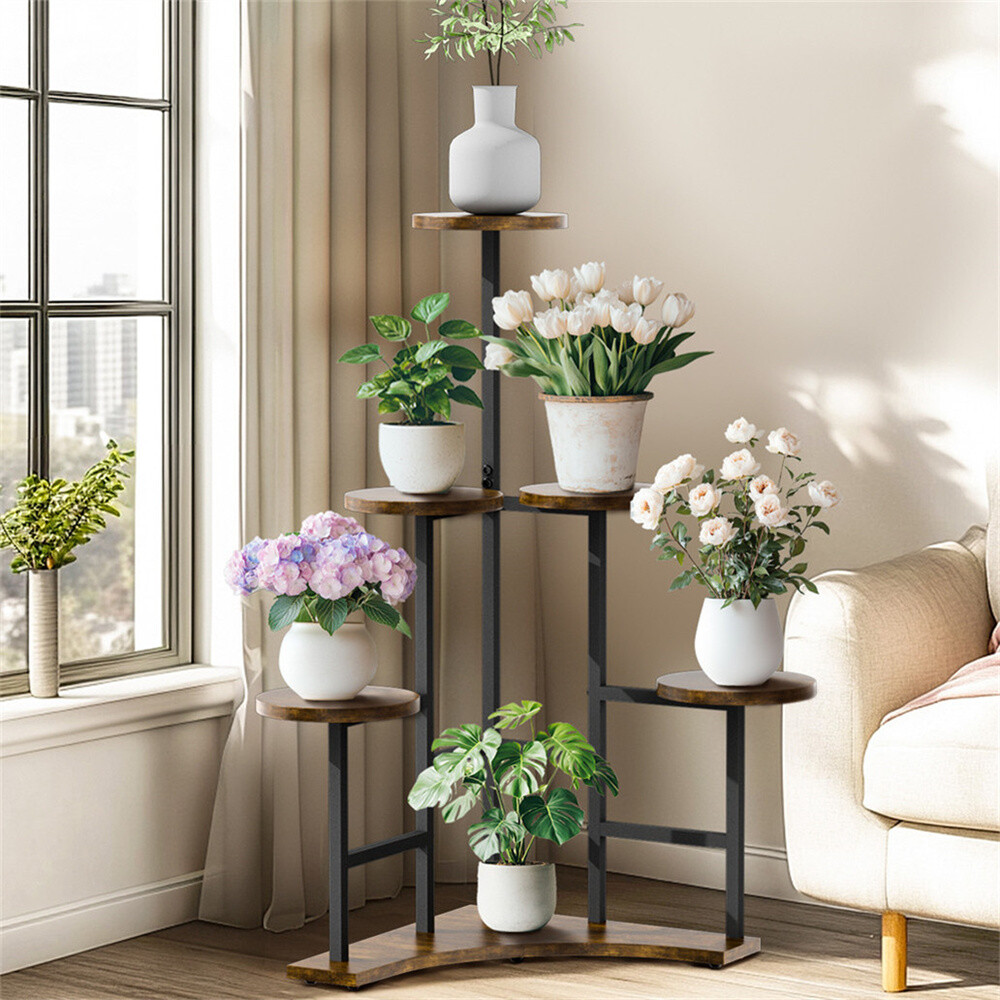 Chic Corner Plant Stand Indoor 6 Tier Tall Staggered Irregular Tower Plant Shelf
