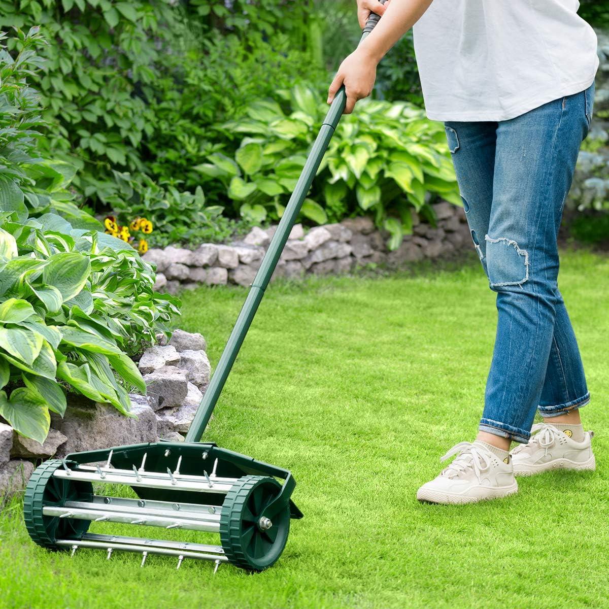 45cm Gardening Rolling Lawn Aerator Manual Grass Spikes Roller Detachable Handle