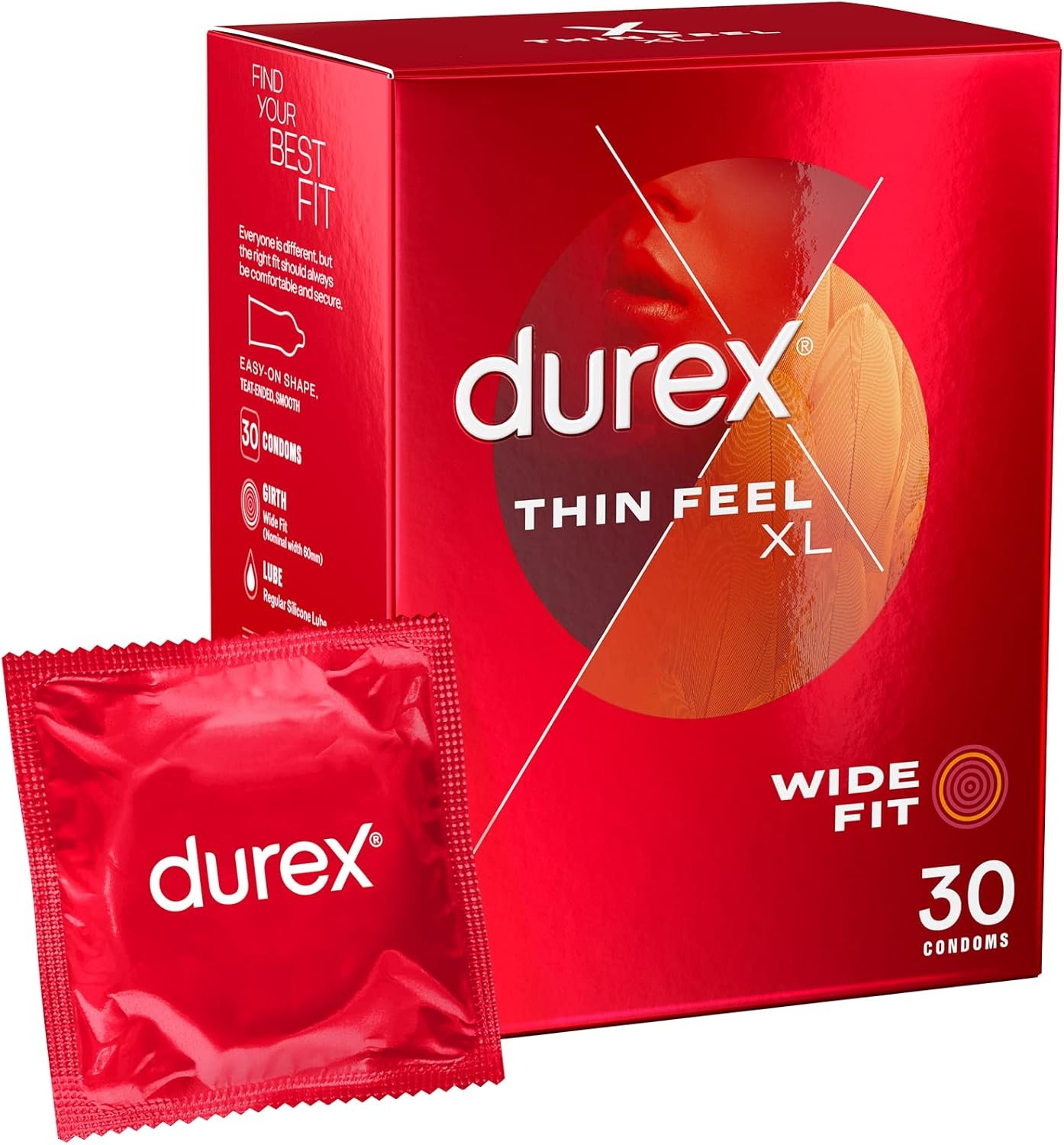 Durex Thin Feel XL Condoms, Wide Fit, 30s, Secure, Tighter, Natural Latex, with