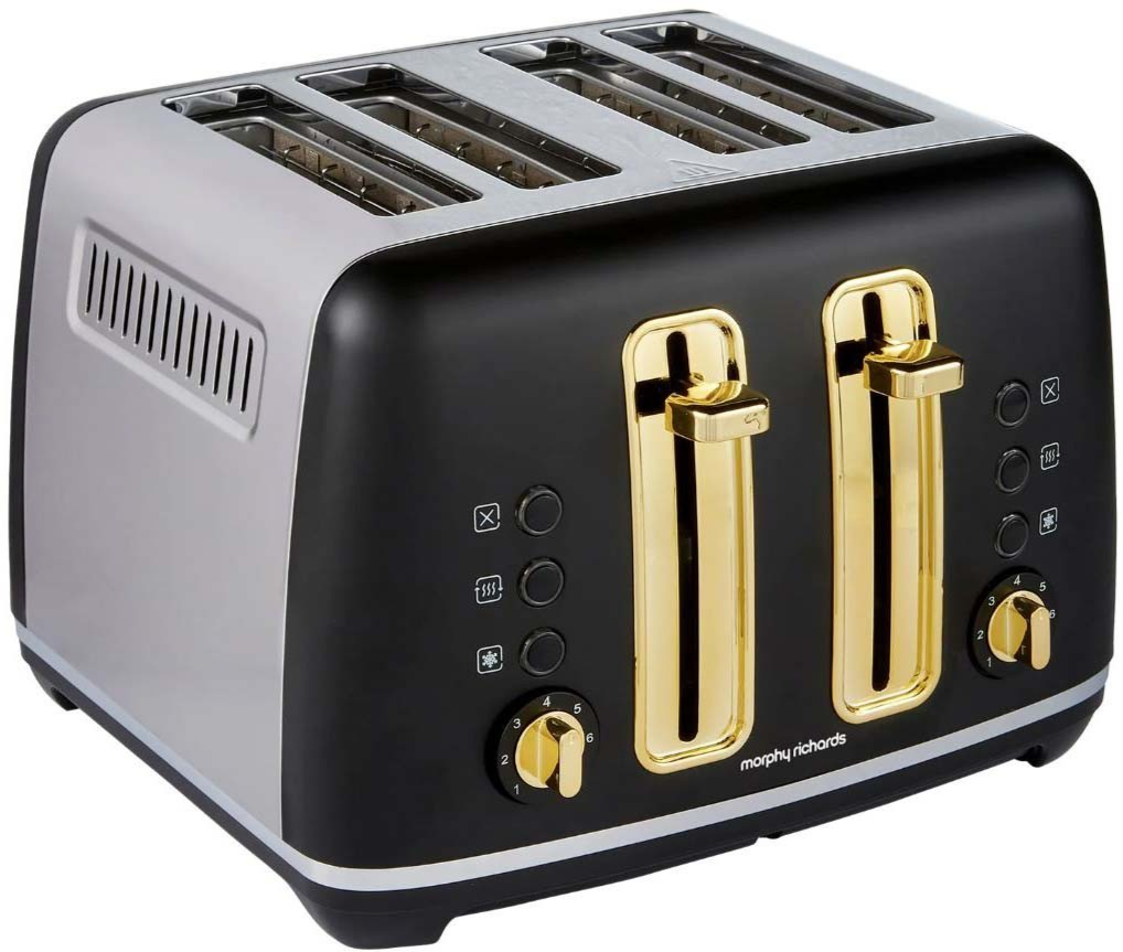 Morphy Richards 4 Slice Toaster Black Gold Accents Hi-Lift Removable Crumb Tray