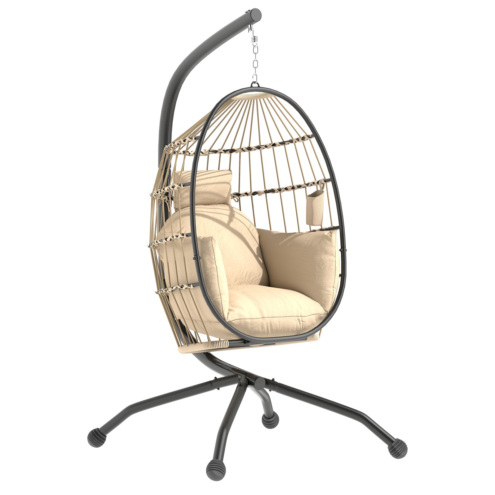 Outsunny Egg Chair Outdoor Indoor Garden Swing Chair, Folding Basket, Khaki