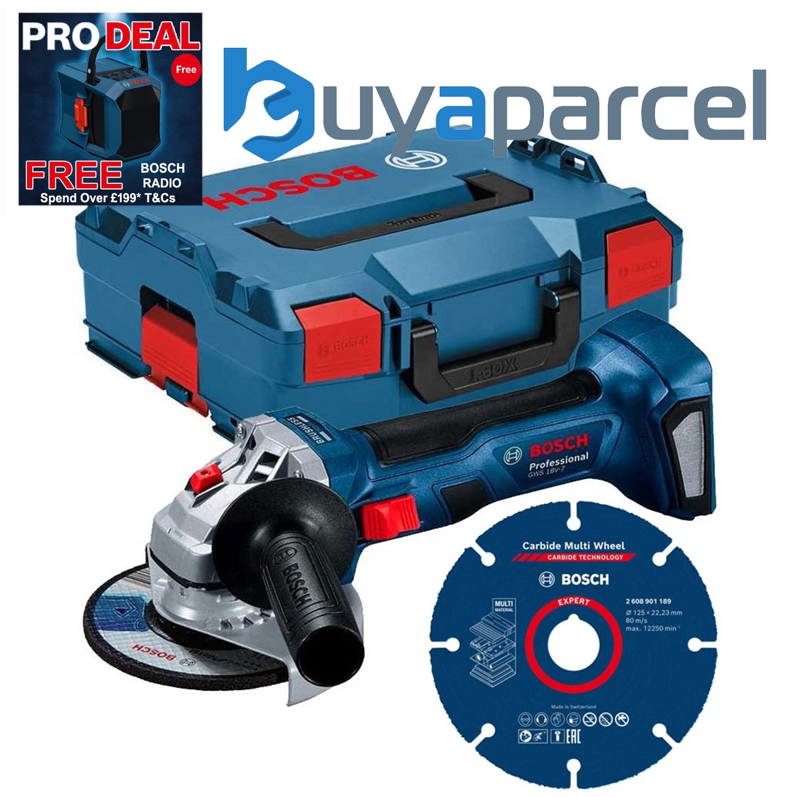 Bosch GWS 18V-7 125 18v 125mm Brushless Angle Grinder Bare L-BOXX + Carbide Disc