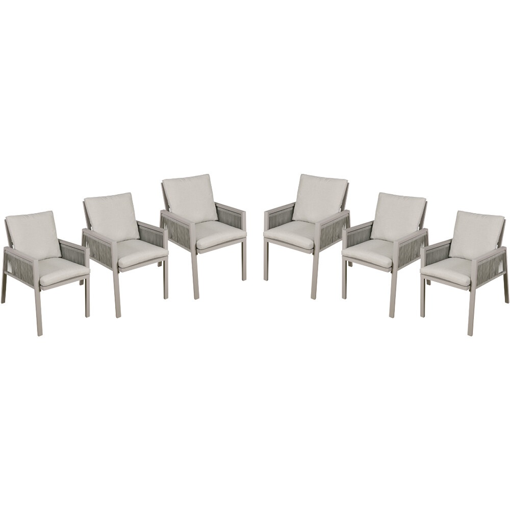 6 PACK Garden Dining Chairs & Armrests - Light Grey Aluminium & Rope - Outdoor