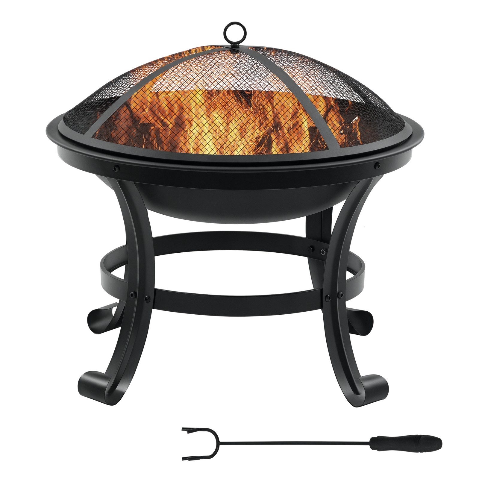Outsunny Outdoor Fire Pit, Wood Burner with Screen and Poker, Black