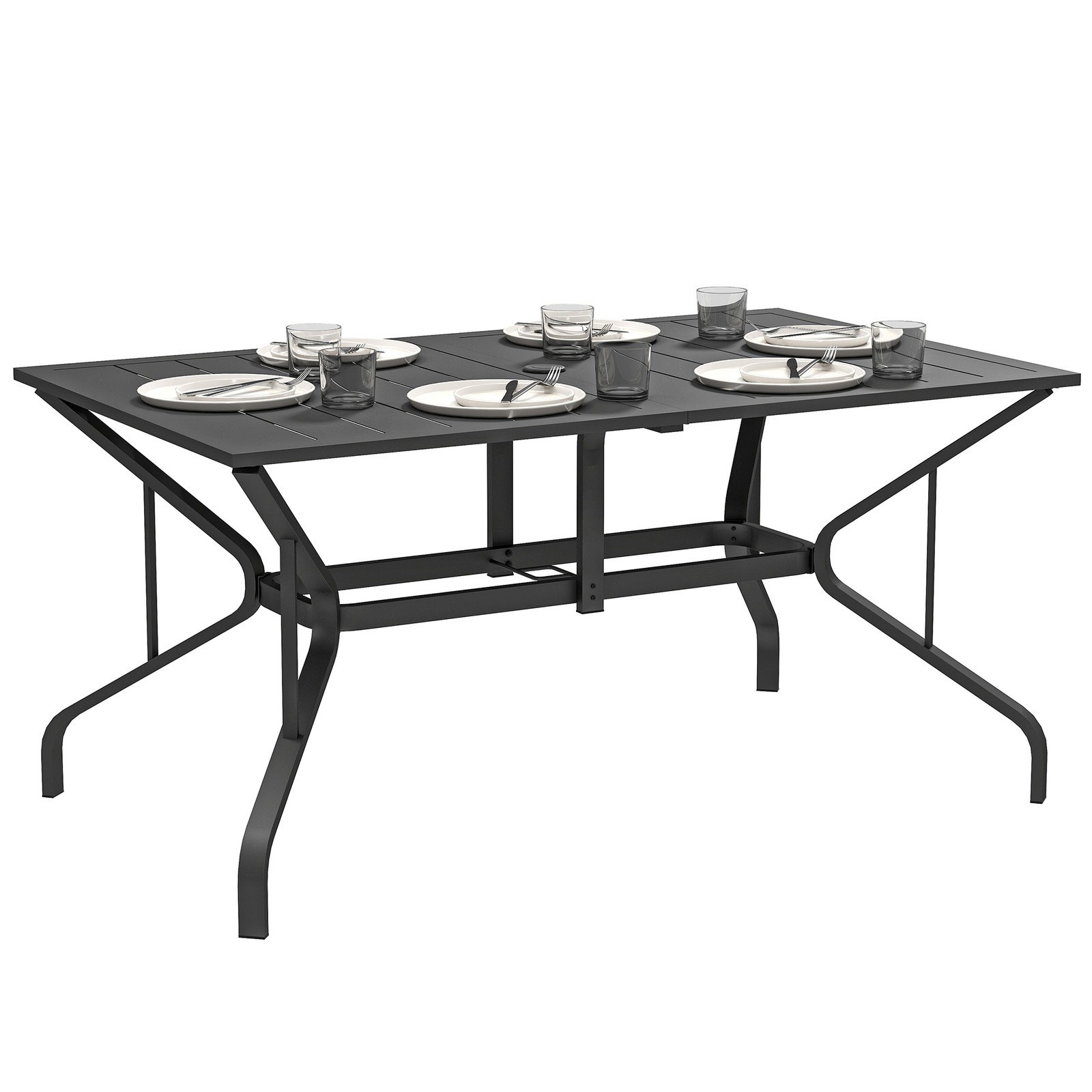 Outsunny Garden Dining Table with Steel Frame and Slatted Top, Black
