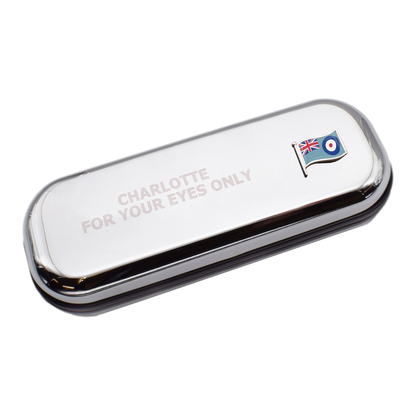 RAF Wave Flag & Engraved With Message Chromed Glasses Case Box