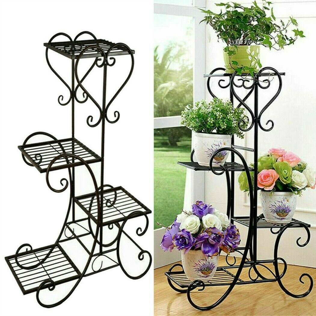 Metal Plant Stand Indoor Outdoor Flower Pot Organizer 4 Tier Square Rack Display