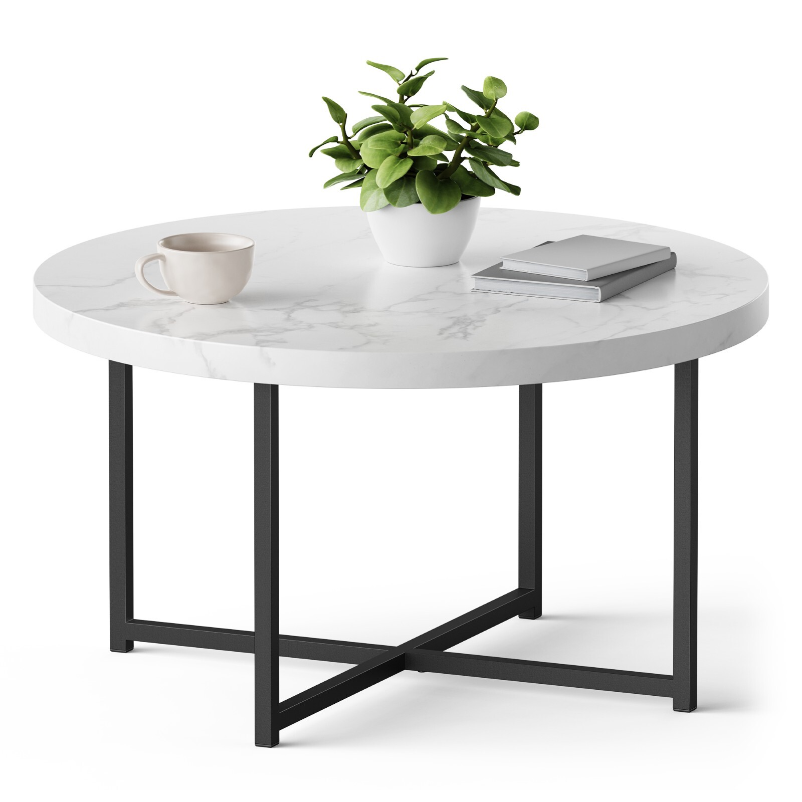 Marble Effect Coffee Table, Round Centre Table for Living Room, VonHaus