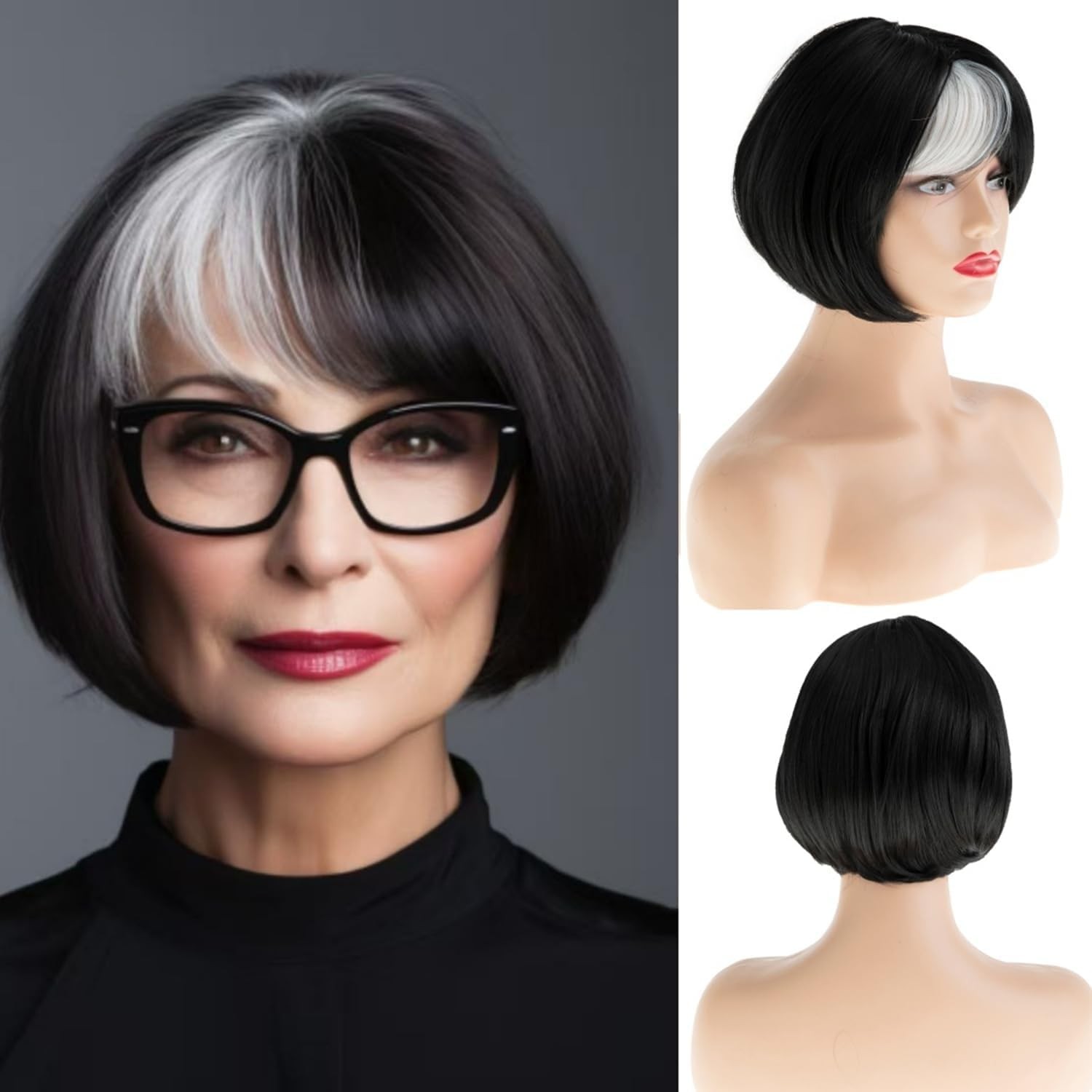 Black and White Bob Wig Short Straight with Bangs for Women Synthetic Natural L