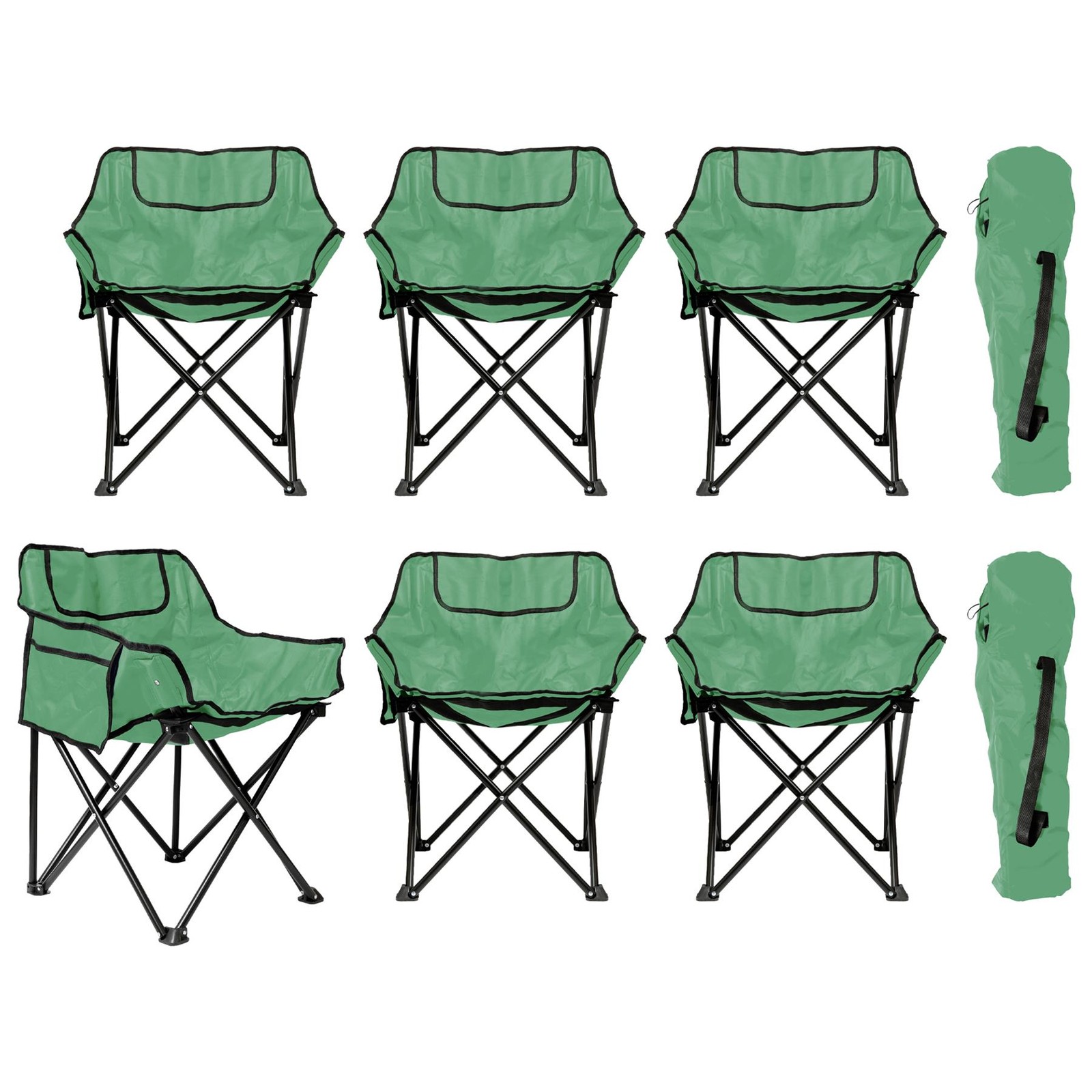 6x Premium Folding Camping Chairs with Pockets & Carry Bag Green Portable Seat