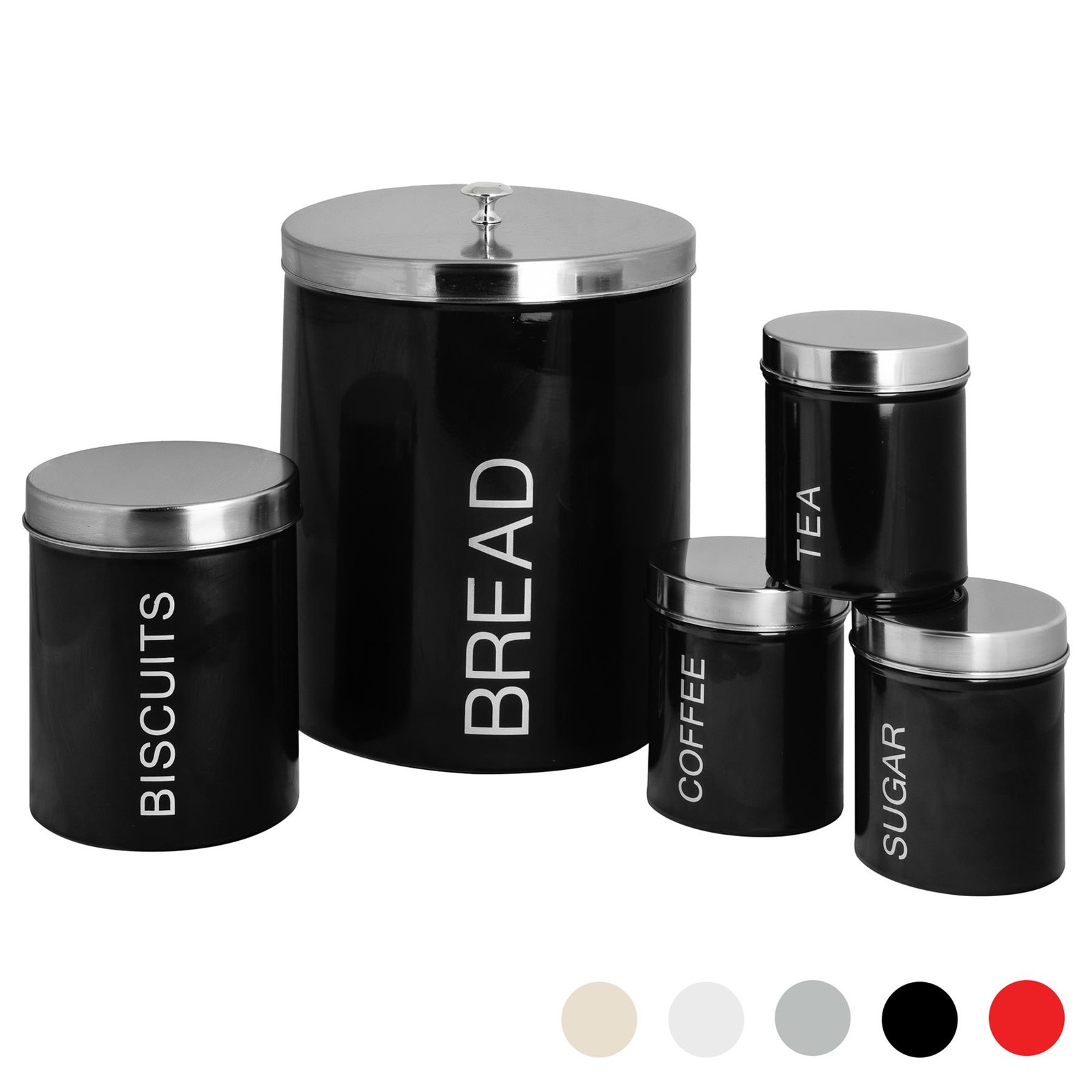 5x Kitchen Storage Canisters Set Tea Coffee Sugar Bread Jars Metal Black