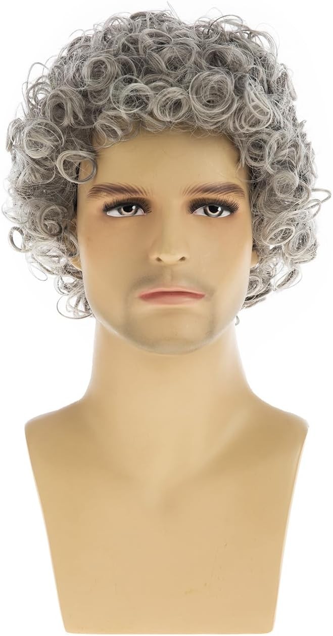 Mens Curly Wig Short Grey Synthetic Halloween Costume Cosplay Hair Wig