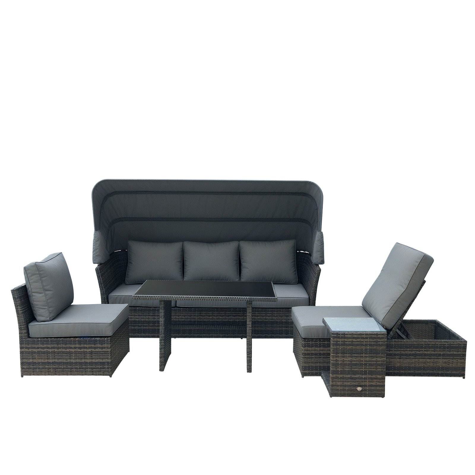 Outsunny 5 PCS Outdoor Rattan Reclining Adjustable Canopy Sets w/ Dining Table