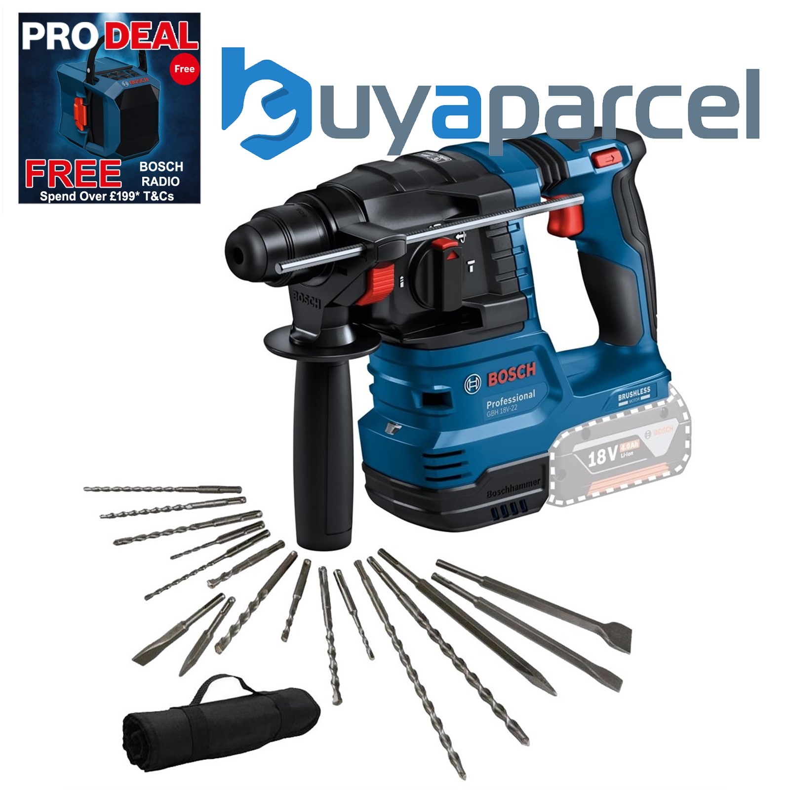 Bosch GBH 18V-22 SDS + Brushless Cordless Rotary Hammer Drill + 17 Piece SDS Set