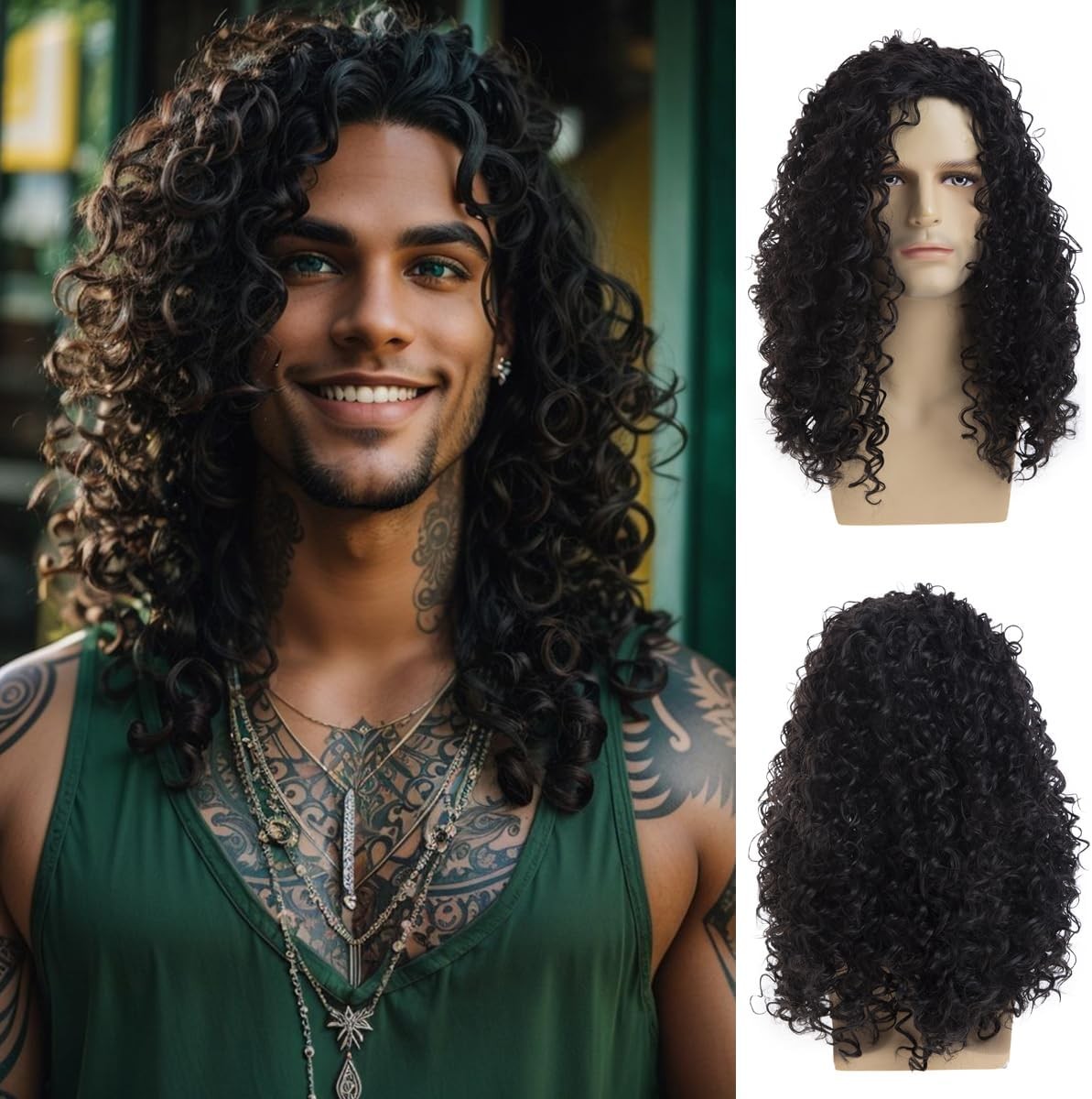 Long Curly Black Wigs for Men Halloween Costume Party