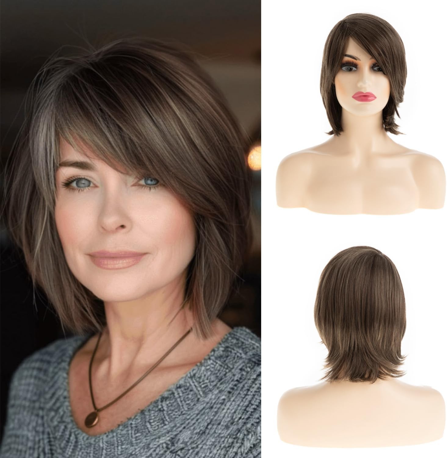 Short Bob with Bangs Grey Brown Natural Straight Synthetic Wig for White Women