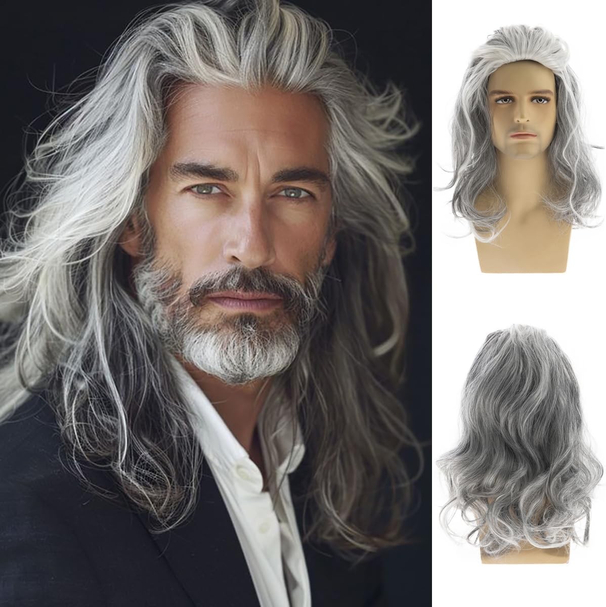 Long Wavy Grey Wigs for Men Synthetic Heat Resistant Cosplay Halloween Costume