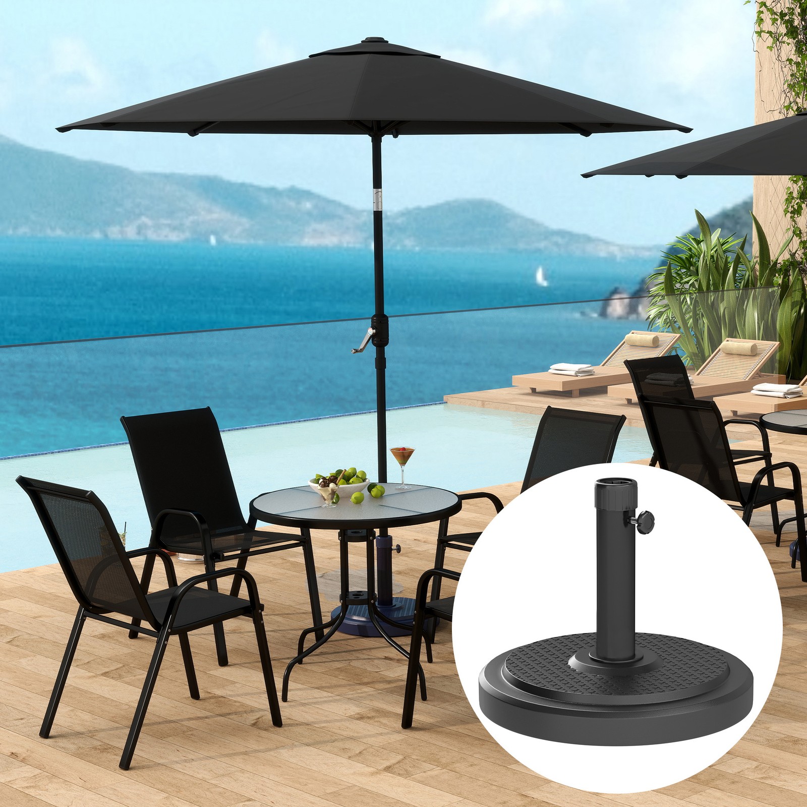 22kg Garden Parasol Base, HDPE Parasol Stand for 38/48mm Umbrella Poles, Black
