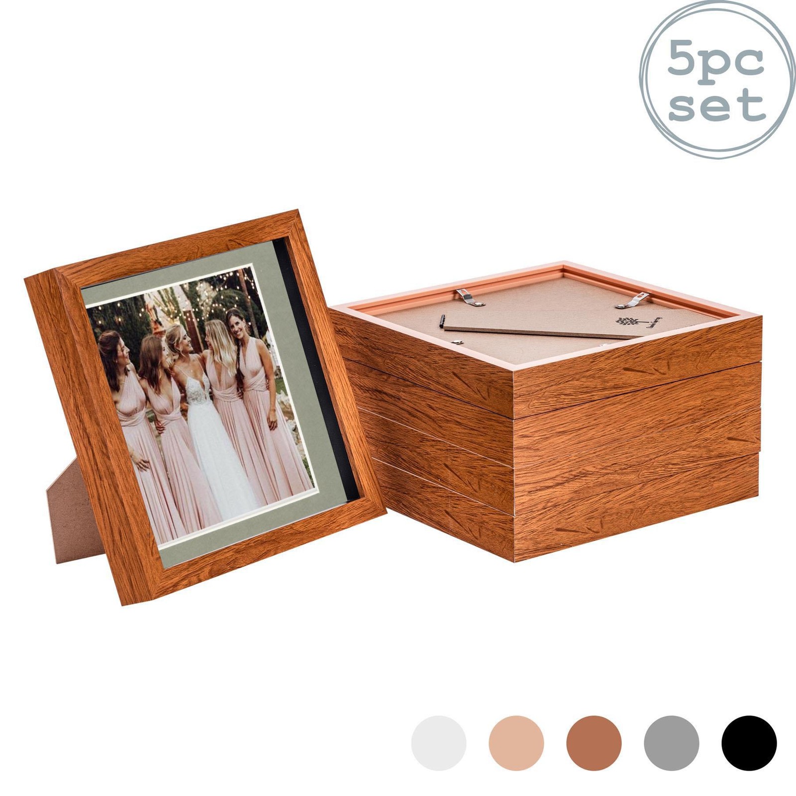 5x 3D Box Photo Frames Picture Display 8 x 8" with 6 x 6" Mount Dark Wood/Grey