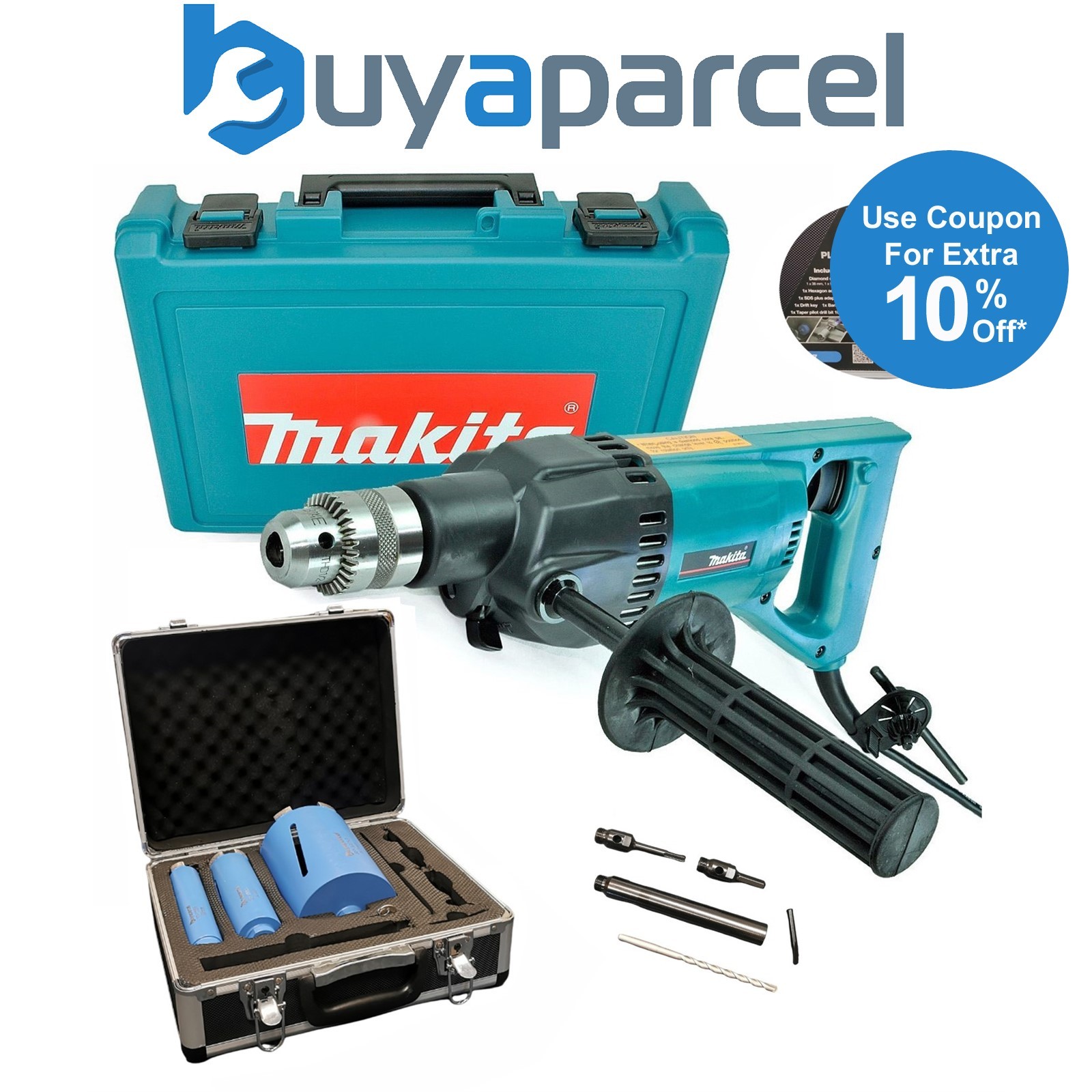 Makita 8406 Diamond Core Drill Rotary Percussion 240V + Plumbing 8 PC Core Set