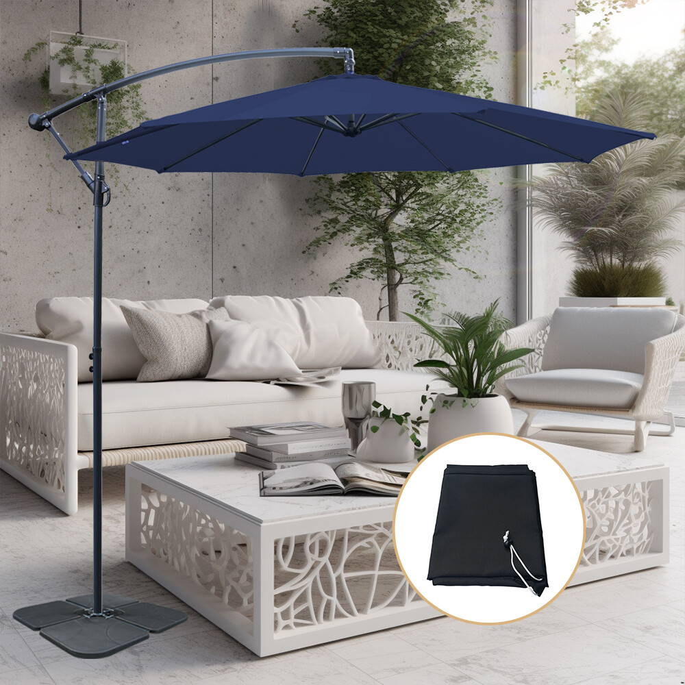 3m Banana Parasol Garden Patio Cantilever Umbrella Sun Shade w/ Base Cover Blue