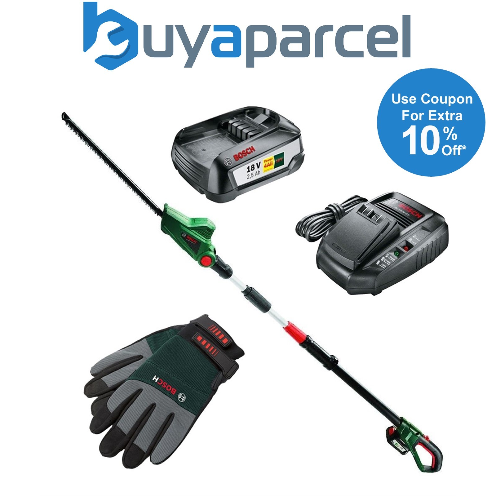 Bosch HedgePole Long Reach Telescopic Hedge Trimmer Cutter 18v Battery + Gloves