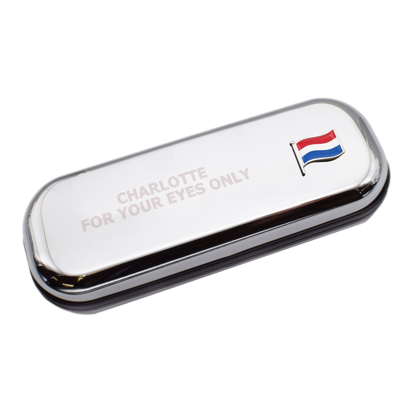 Netherlands Wave Flag & Engraved With Message Chromed Glasses Case Box