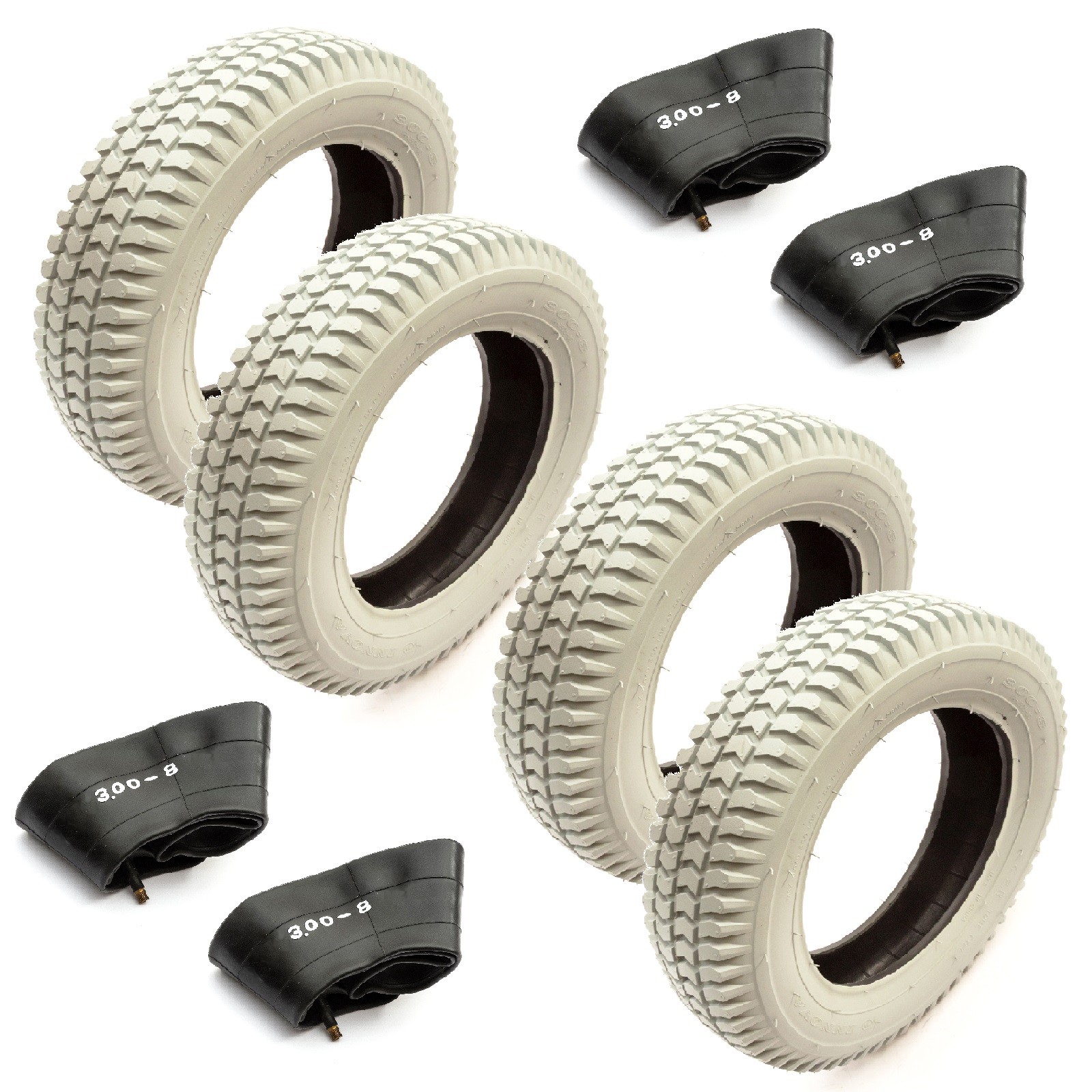 4x Mobility Scooter Tyre 3.00-8 & Inner Tube Straight Valve Block Tread Grey