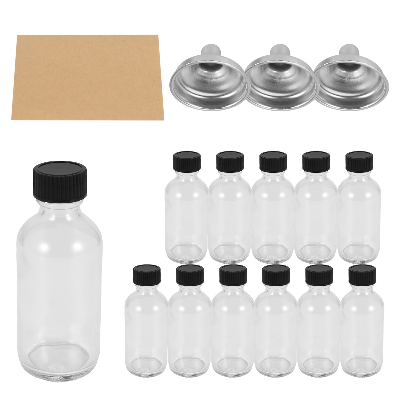 12Pc 2 Oz Small Clear Glass Bottles with Lids & 3 Funnels - 60Ml Bottles9788