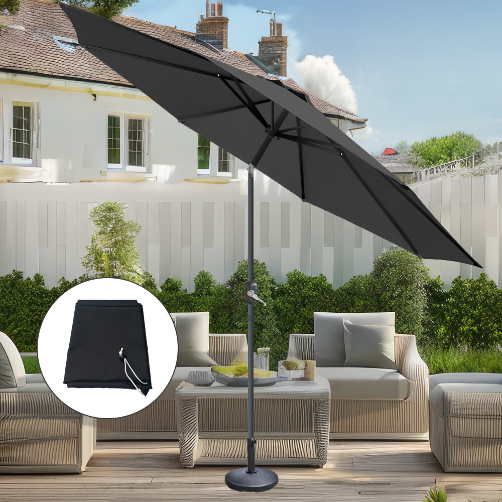 2.7M Round Garden Parasol Black Outdoor Umbrella with Crank Tilt Base Cover