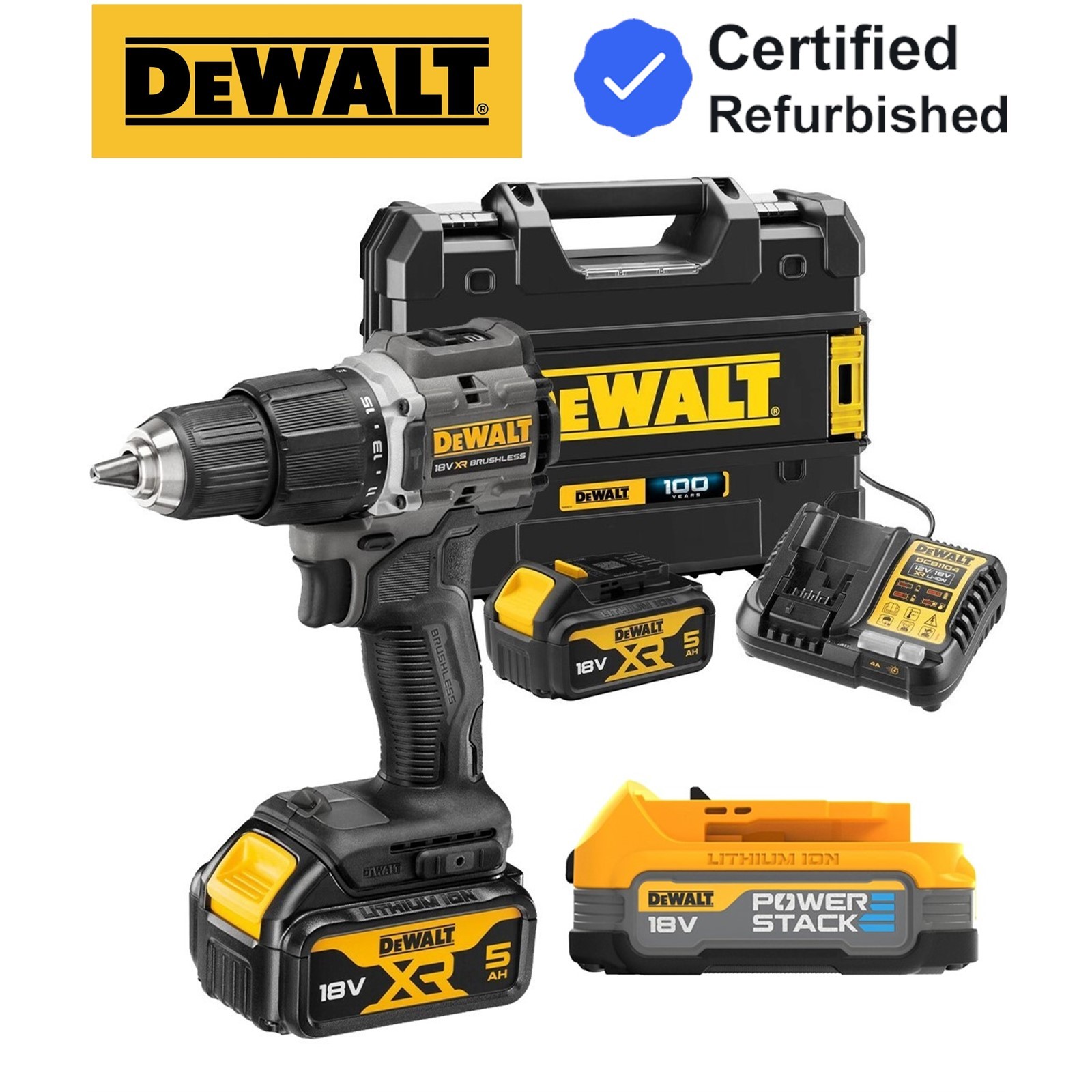 Dewalt DCD100P2T Black 18v XR Brushless Compact Combi Hammer Drill + POWERSTACK
