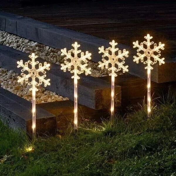 Garden LED Stake Lights Christmas Snowflake 4pc Set Warm White Outdoor Xmas Lamp
