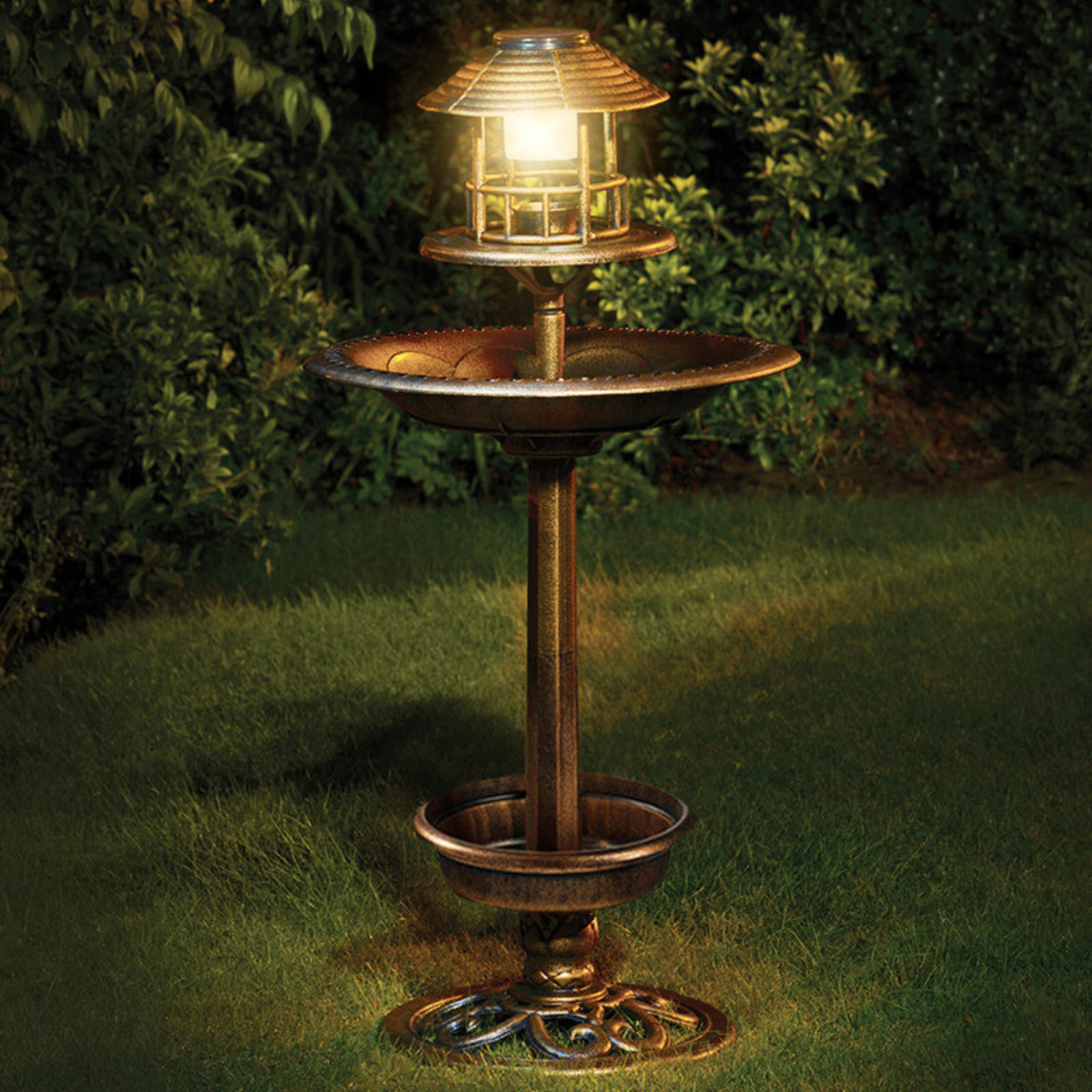 Solar Bird Bath Feeder Copper Effect Traditional Light Up Bathing Bowl 110cm