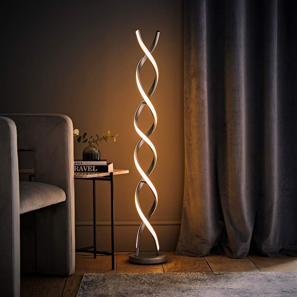 Integrated LED Floor Lamp Matt Silver Double Twist Living Room Warm White Light