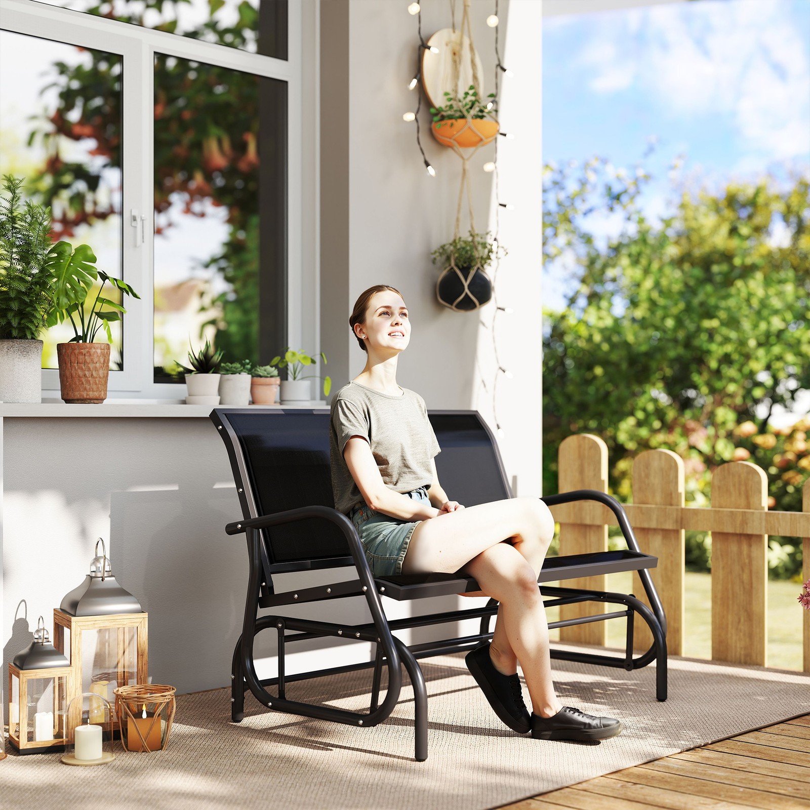 2-Person Outdoor Glider Bench Double Gliding Chair for Patio Garden Porch Black