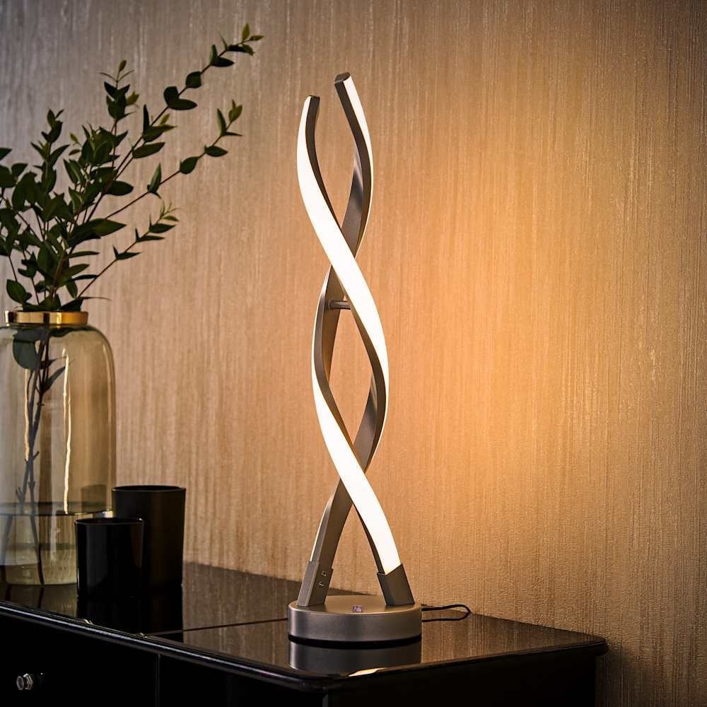 Integrated LED Table Lamp Matt Silver Double Twist Living Room Touch Warm Light