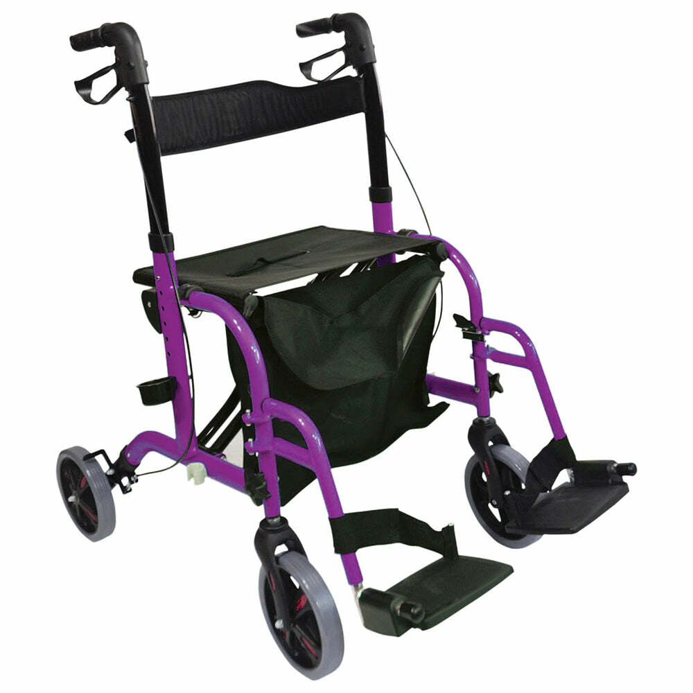 Purple Deluxe Aluminium Rollator and Transit Chair 2-in-1 Dual Function Walker
