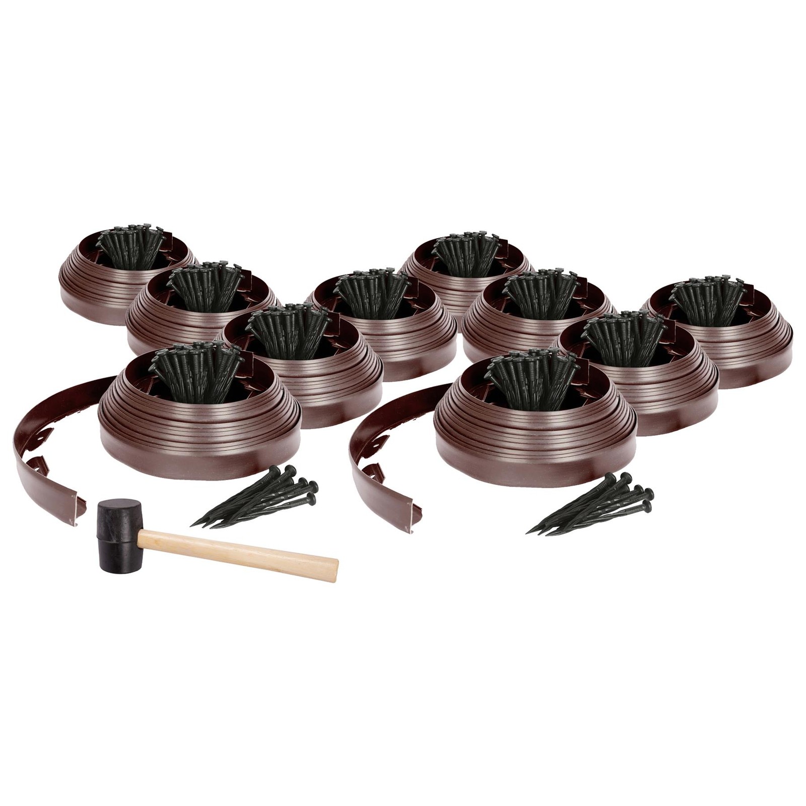 10x Flexible Plastic Lawn & Path Edging with 400 Pegs & Mallet 100m x 4cm Brown