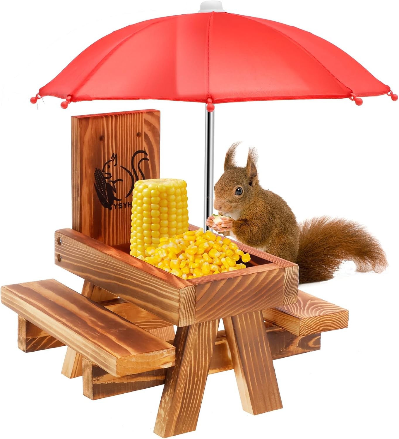Squirrel Feeder with Umbrella, Wood Wooden Squirrel Picnic Table Feeder with Co